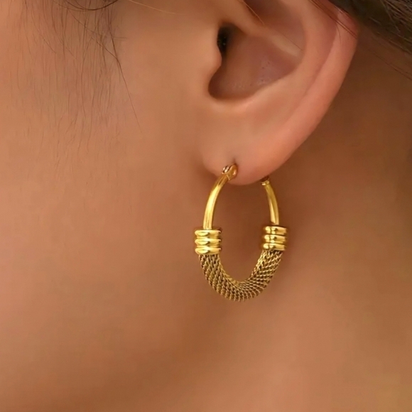 🆕️Chic Elegance: 18K Gold Plated Stainless Steel Mesh Trendy Hoop Earrings - Picture 4 of 16